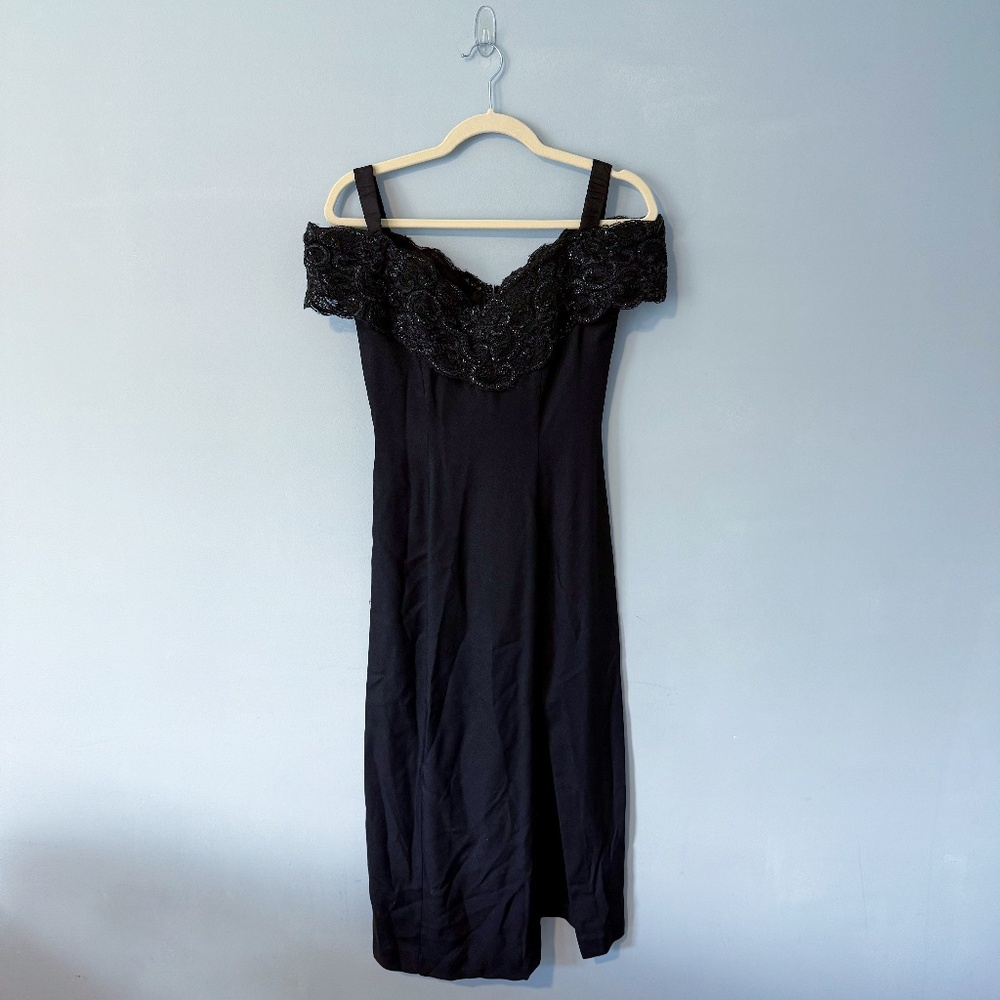 Vintage 80s Evening Chic by Nancy Bracoloni Black Lace Off-Shoulder Midi Dress